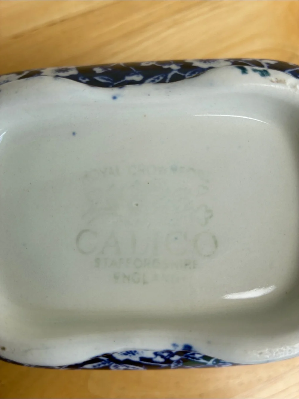 Royal Crownford Staffordshire Calico cobalt blue floral gravy boat